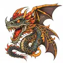 Angry dragon with red eyes, fire-breathing, and mandala patterns. tattoo design idea