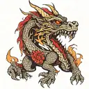 Angry dragon with red eyes, fire-breathing, and mandala patterns. tattoo design idea