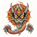 Angry dragon with red eyes, fire-breathing, and mandala patterns. tattoo design idea