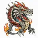 Angry dragon with red eyes, fire-breathing, and mandala patterns. tattoo design idea