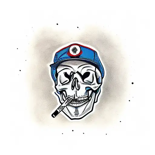 skull smoking a cigarette, wearing a miller high life hat tattoo design idea
