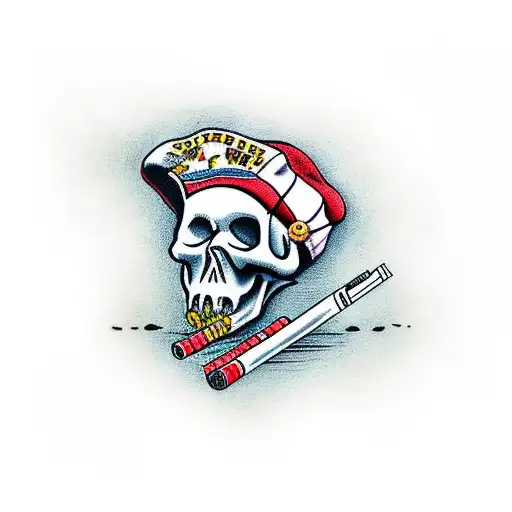 skull smoking a cigarette, wearing a miller high life hat. american traditional  tattoo design idea