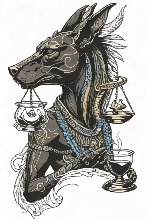 Anubis in profile in his hands holds scales on one bowl of which there is a heart and on the other a feather. Sleeve tattoo tattoo design idea