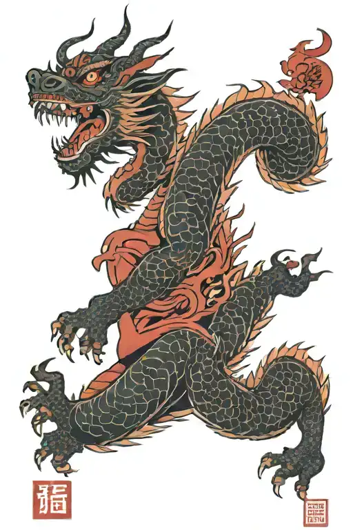 A traditional black and red Japanese dragon, holding a sign with the kanji Kaishi Kaisei, tattooed left arm tattoo design idea