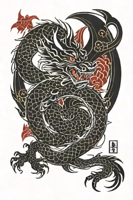 A traditional black and red Japanese dragon, holding a sign with the kanji Kaishi Kaisei, tattooed from shoulder to elbow tattoo design idea