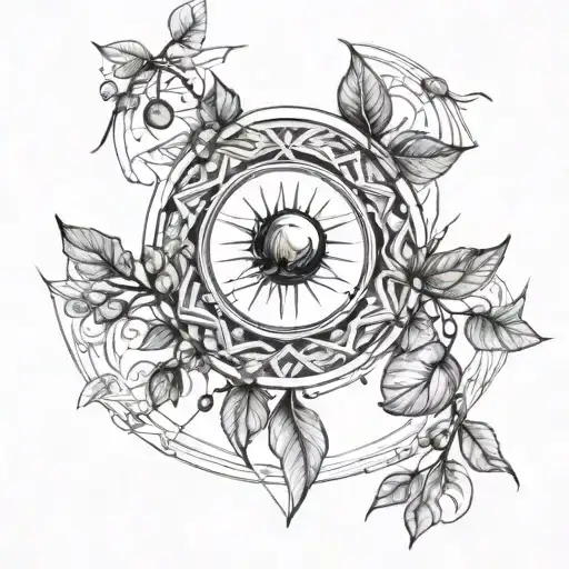 an underboobs tattoo with cherry branches, an alchemy circle in the center and crystals tattoo design idea
