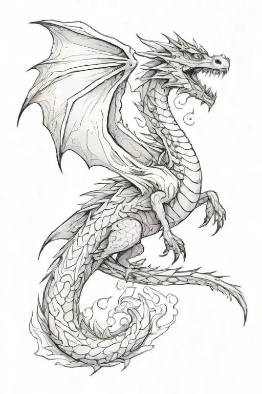 flowy dragon flying towards collar bone from arm  tattoo design idea
