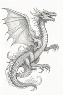 flowy dragon flying towards collar bone from arm  tattoo design idea