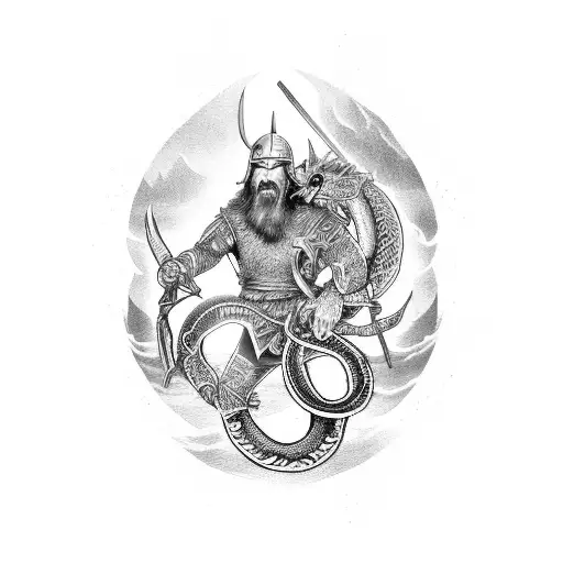 A dotwork tattoo of a Viking warrior battling a mythical sea serpent tattoo design idea