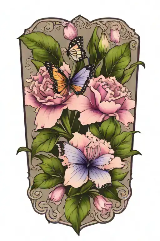 carnation, violet, lilly flowers and butterfly resting tattoo design idea