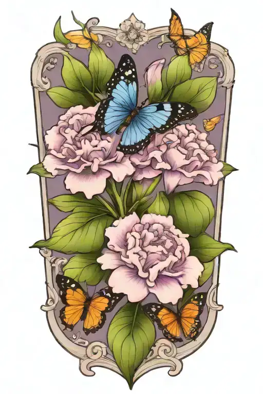 carnation, violet, lilly flowers and butterfly resting tattoo design idea