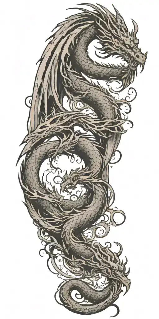 dragon, phoenix, burning bridge ove lake looking tattoo design idea