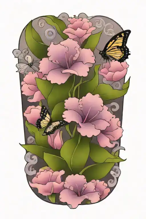carnation, violet, lilly flowers and butterfly resting tattoo design idea