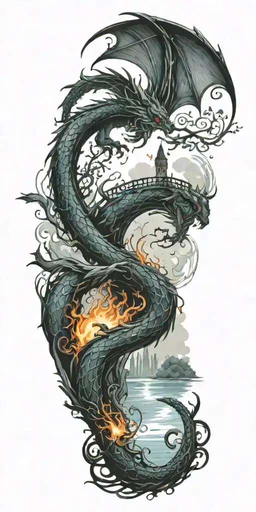 dragon, phoenix, burning bridge ove lake looking tattoo design idea