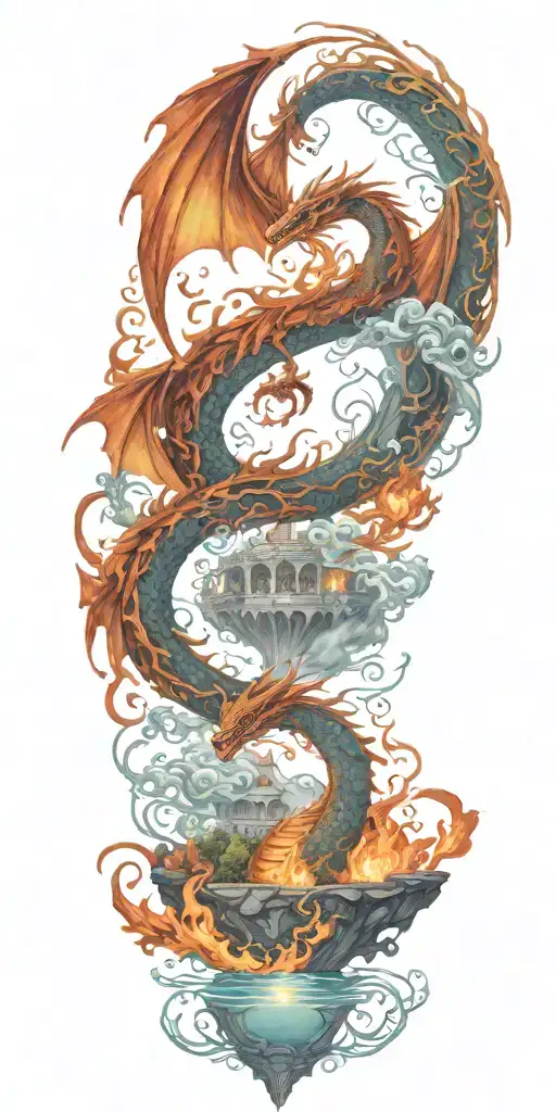 dragon, phoenix, burning bridge ove lake looking tattoo design idea