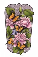 carnation, violet, lilly flowers and butterfly resting tattoo design idea