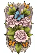 carnation, violet, lilly flowers and butterfly resting tattoo design idea