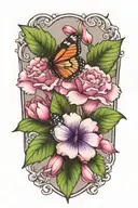 carnation, violet, lilly flowers and butterfly resting tattoo design idea