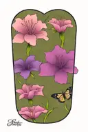 carnation, violet, lilly flowers and butterfly resting tattoo design idea
