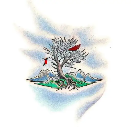 A traditional tattoo showcasing a majestic tree with a cardinal flying above tattoo design idea