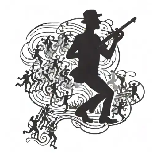 A silhouette of a tour guide leading a group of travelers through a musical landscape filled with dancing figures tattoo design idea