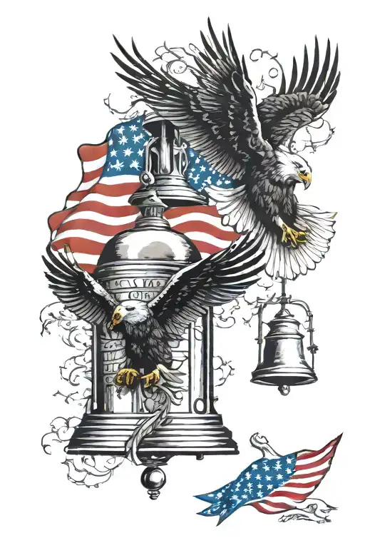 American flag, liberty bell, bald eagles, white tail deer tattoo design idea