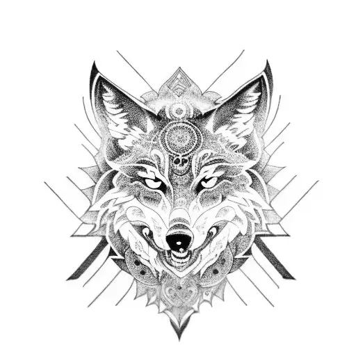 A blackwork wolf within a mandala, featuring anime symbols and characters tattoo design idea