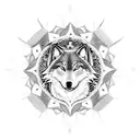 A blackwork wolf within a mandala, featuring anime symbols and characters tattoo design idea