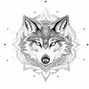 A blackwork wolf within a mandala, featuring anime symbols and characters tattoo design idea