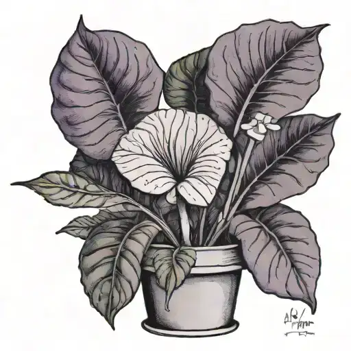 elephant ear plant in purple pot with "always & forever" written around the plant tattoo design idea