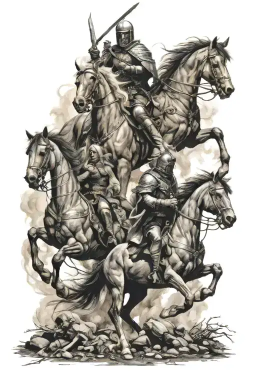 The four horsemen of the apocalypse in a battlefield, gothic and dark styled tattoo design idea