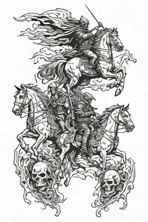 The four horsemen of the apocalypse in a battlefield full of skulls and debris, gothic and dark styled tattoo design idea