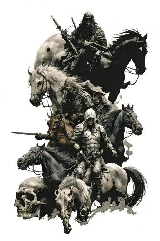 The four horsemen of the apocalypse in a battlefield full of skulls and debris, gothic and dark styled tattoo design idea