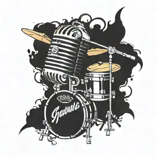 Combine a microphone and a drum set with your grandfather's name incorporated in a music-themed sleeve tattoo tattoo design idea
