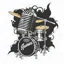 Combine a microphone and a drum set with your grandfather's name incorporated in a music-themed sleeve tattoo tattoo design idea