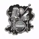 Combine a microphone and a drum set with your grandfather's name incorporated in a music-themed sleeve tattoo tattoo design idea