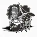 Combine a microphone and a drum set with your grandfather's name incorporated in a music-themed sleeve tattoo tattoo design idea