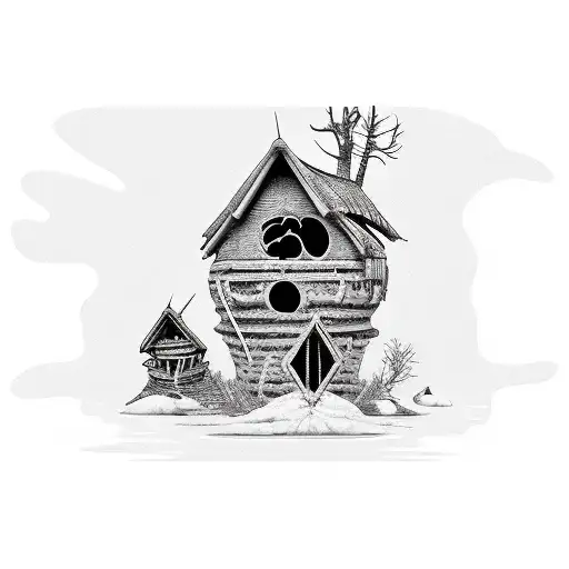 Generate an image of a detailed, black and white tattoo design. The central figure is Baba Yaga's hut, standing on chick tattoo design idea