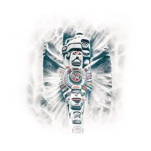 The central figure is a totem pole serving as a 'pillar' that holds all the elements together. On the totem pole, depict tattoo design idea