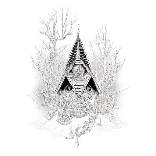 Generate an image of a detailed, black and white tattoo design. The central figure is Baba Yaga's hut, standing on chick tattoo design idea