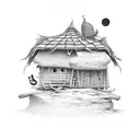 Generate an image of a detailed, black and white tattoo design. The central figure is Baba Yaga's hut, standing on chick tattoo design idea