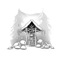 Generate an image of a detailed, black and white tattoo design. The central figure is Baba Yaga's hut, standing on chick tattoo design idea