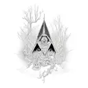 Generate an image of a detailed, black and white tattoo design. The central figure is Baba Yaga's hut, standing on chick tattoo design idea