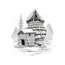 Generate an image of a detailed, black and white tattoo design. The central figure is Baba Yaga's hut, standing on chick tattoo design idea