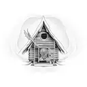 Generate an image of a detailed, black and white tattoo design. The central figure is Baba Yaga's hut, standing on chick tattoo design idea