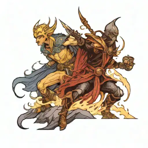 An elf king fighting a dark lord on a shadowy mountain tattoo design idea