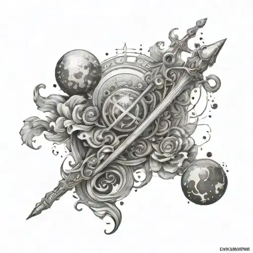 Inspired by the client's favorite magic wizard's staff, create a tattoo that embodies the essence of fantasy worlds and mystical powers, using a mix of dotwork and black-grey shading for a unique look tattoo design idea