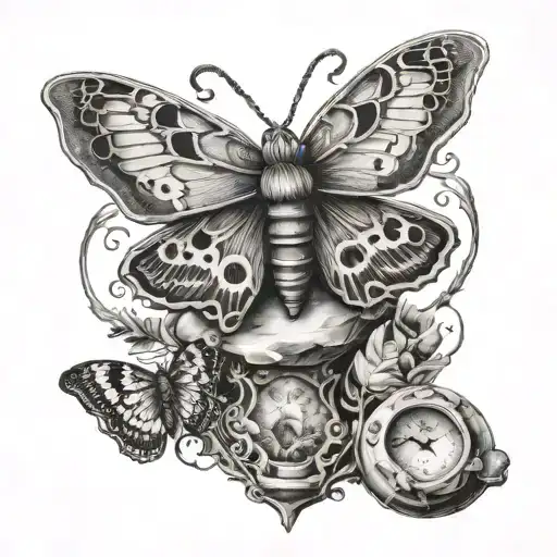 A surreal scene of a moth perched on a philosopher's stone, blending the client's fascination with moths and the mysteries of life tattoo design idea