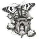 A surreal scene of a moth perched on a philosopher's stone, blending the client's fascination with moths and the mysteries of life tattoo design idea