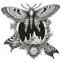 A surreal scene of a moth perched on a philosopher's stone, blending the client's fascination with moths and the mysteries of life tattoo design idea